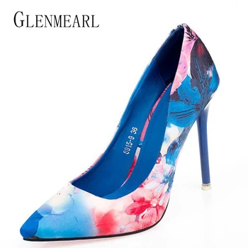 

2019 New High-heeled Pumps Women Shoes High Heels Blue Orange Printing Shallow Mouth Thin Heel Pointed Toe Shoes For Women ZK35