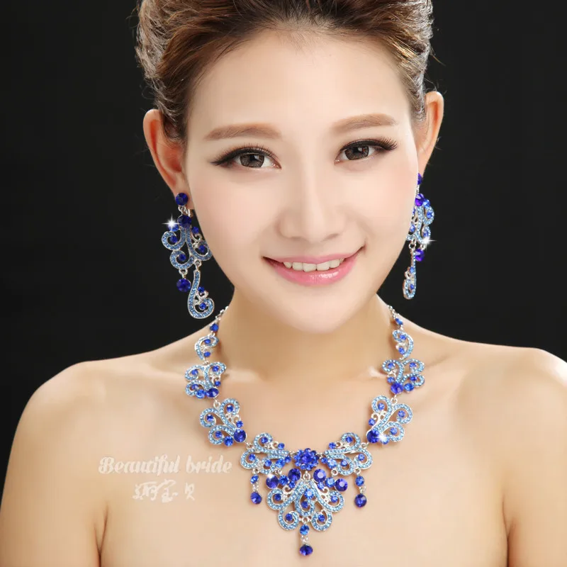 Bridal jewelry necklace piece suit wedding dress accessories chain fitted alloy color blue