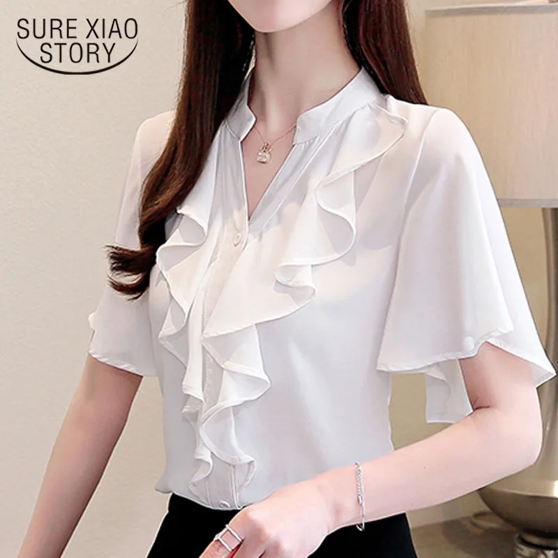 

Fashion women blouse and tops 2019 chiffon blouse shirts ladies tops white shirts plus size women V-Neck Ruffles 3780 50