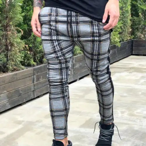 Pantalon Ecossais A Carreaux Pour Hommes Maille Maille Maille Taille Extensible Retro A Rayures Slim Survetement Coupe Survetement S Aliexpress