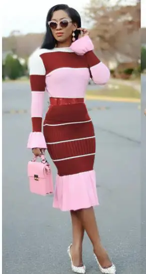 Дашики африканская одежда в цветную полоску трикотажный комплект из двух частей платье африканская женская футболка с длинным Расклешенным рукавом Топ с высокой талией - Цвет: Бургундия
