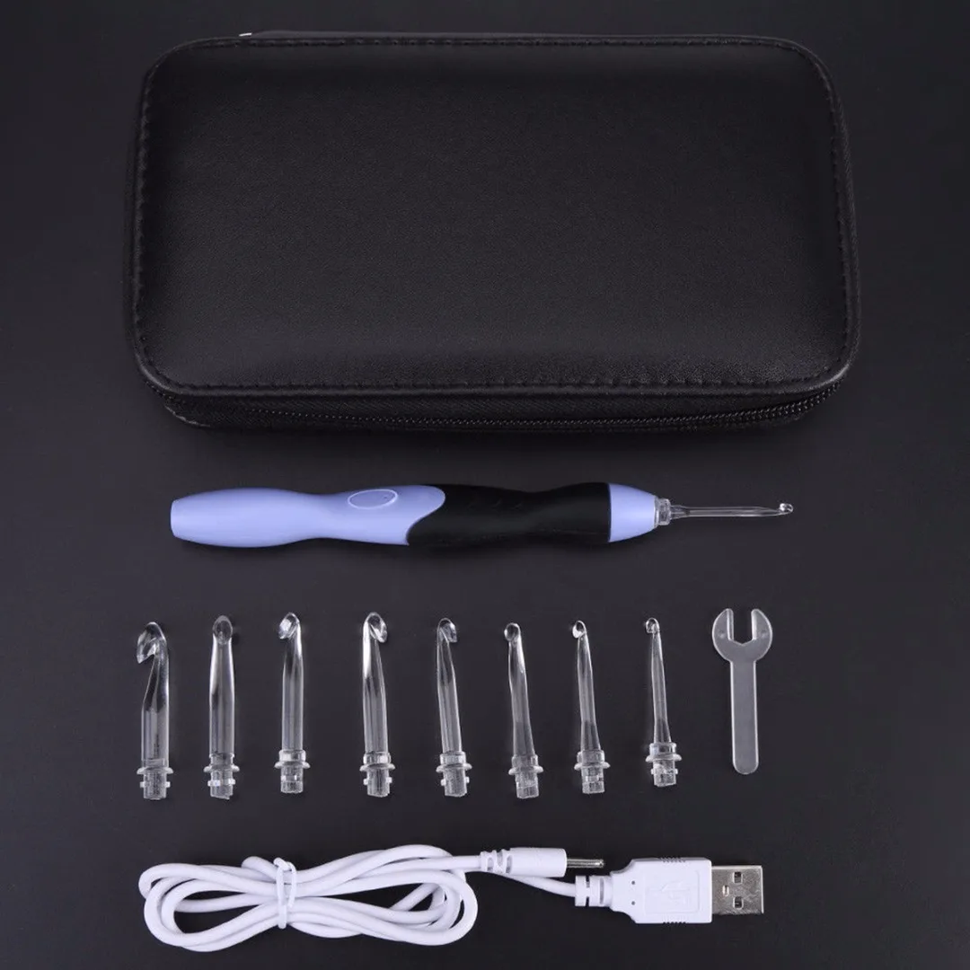 JX-LCLYL New 9 IN 1 USB LED Light Up Purple Crochet Hooks Knitting Needles Set Weave Tool