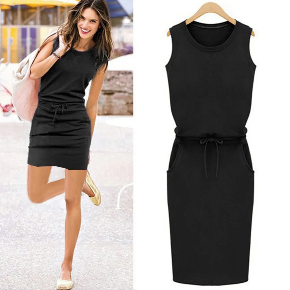 

New 2019 Summer Fashion Women Sleeveless Slim With Belt O-neck Dress Cotton Linen Dress Gray Black Rose 3 Colors Plus Size