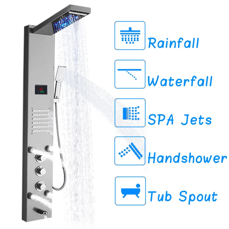 Ванная комната душа Панель ЖК-дисплей Ditital Дисплей башня душевая колонна с массаж тела Джетс смеситель для душа из нержавеющей стали башня душевая колонна - Цвет: Stainless Steel