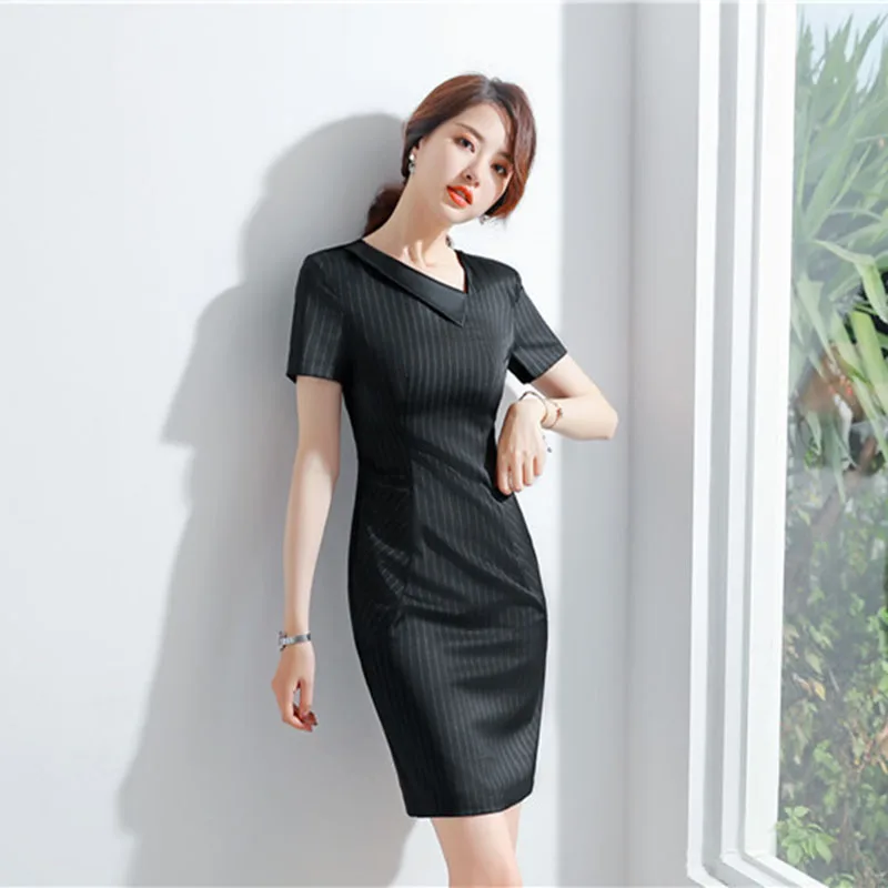 women work wear Women's  stripe business dress knee short-sleeved with ribbon belt drop shipping