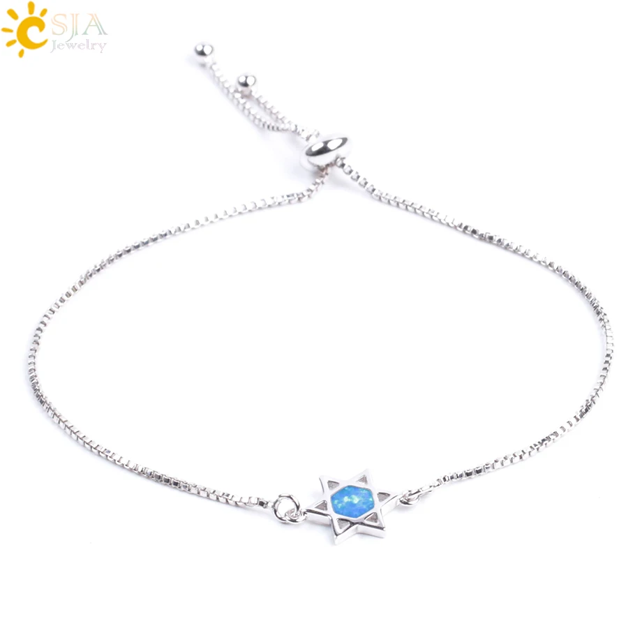

CSJA Adjustable Silver Color Bracelet Blue Opal Beads Star Crane Wing Heart Hand Shape Friendship Chain for Female Jewelry F083