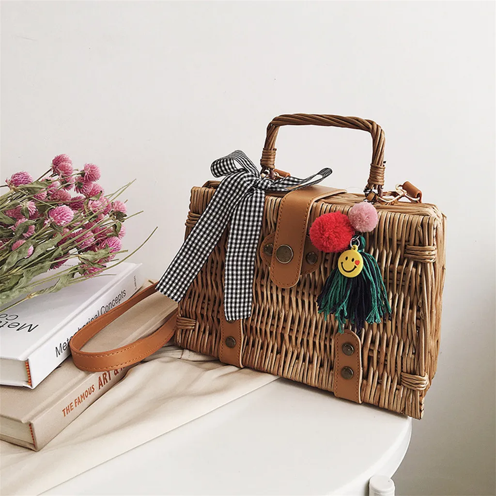 

Bamboo shoulder bag women Beach Tassel Smile Basket Bucket Square handbags women shoulder bag canta bayan borsa donna#G8