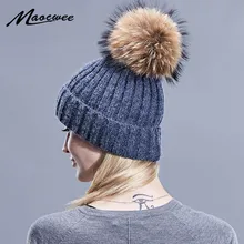 Женская зимняя вязаная шерстяная шапка, Шапка-бини с натуральным норковым мехом, помпоны, вязаная шапка, женские шапки для девочек, шапки, Feminino, зимняя меховая кость