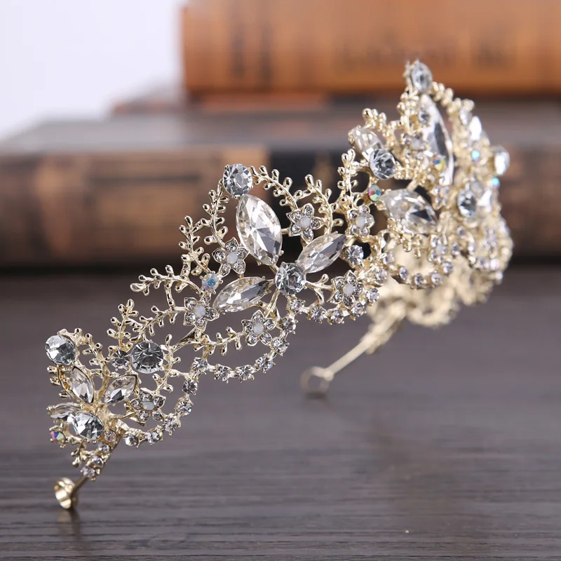 Light Gold Baroque Luxury Crystal Bridal Crown Tiara Wedding Hair Accessories