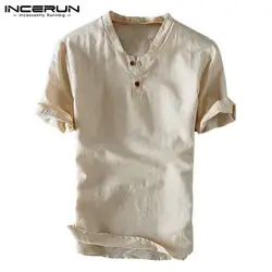 INCERUN Для мужчин рубашка пуловер с короткими рукавами однотонное хлопковое белье рубашка тонкая на кнопках дышащая Повседневное Модные