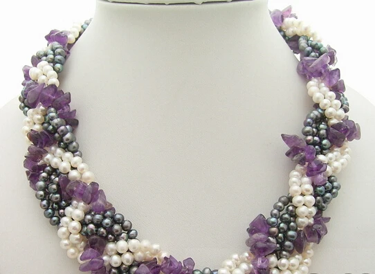 

huij 0035682 6Strds Pearl&Natural Amethyst Necklace-Cameo Flower Clasp