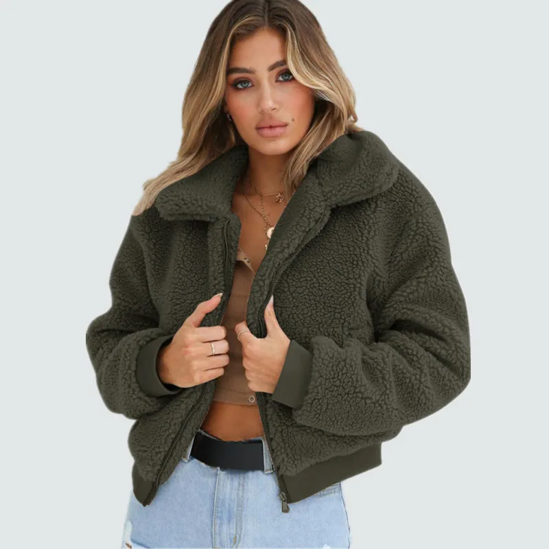 

Women Warm Velvet Jacket Plush Zipper Winter Solid Jacket Female Winter Turn-dowm Collar Fuzzy Coat Fashion Hot Sale Jacket