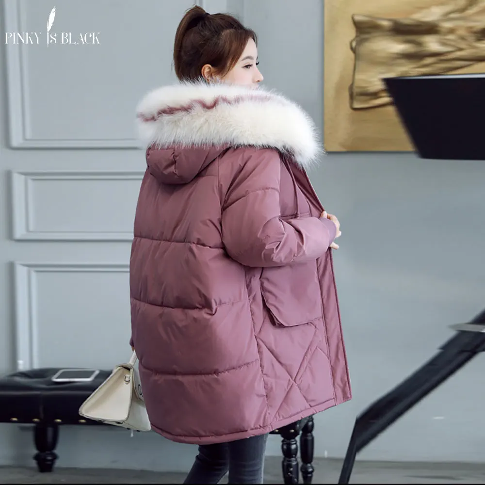 PinkyIsBlack/ женская зимняя куртка с меховым капюшоном, теплое пальто, плюс размер, хлопковая куртка женская с подкладкой, длинная парка, Женский ватник