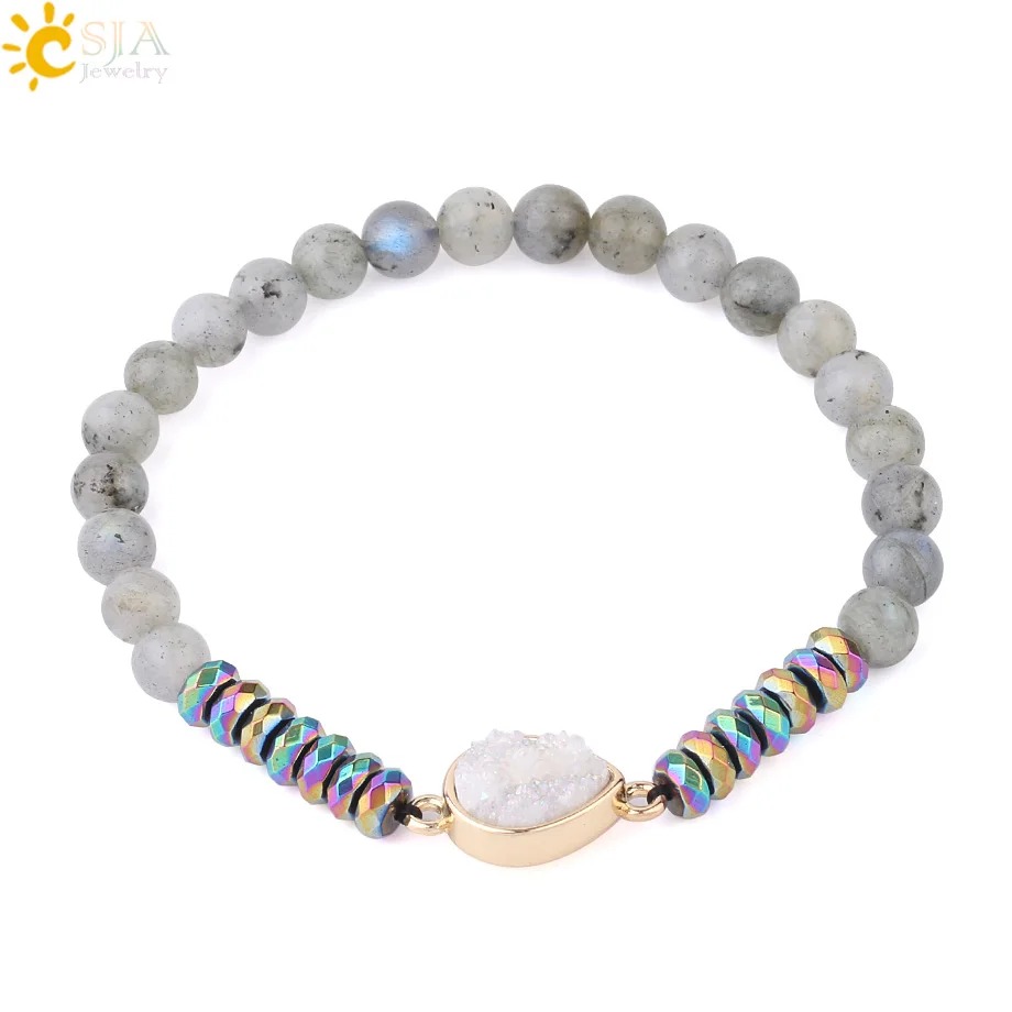 

CSJA 6mm Natural Stone Labradorite Bracelet Colored Hematite Water Drop Shape Druzy Bead Men Women Healing Energy Bracelets F620