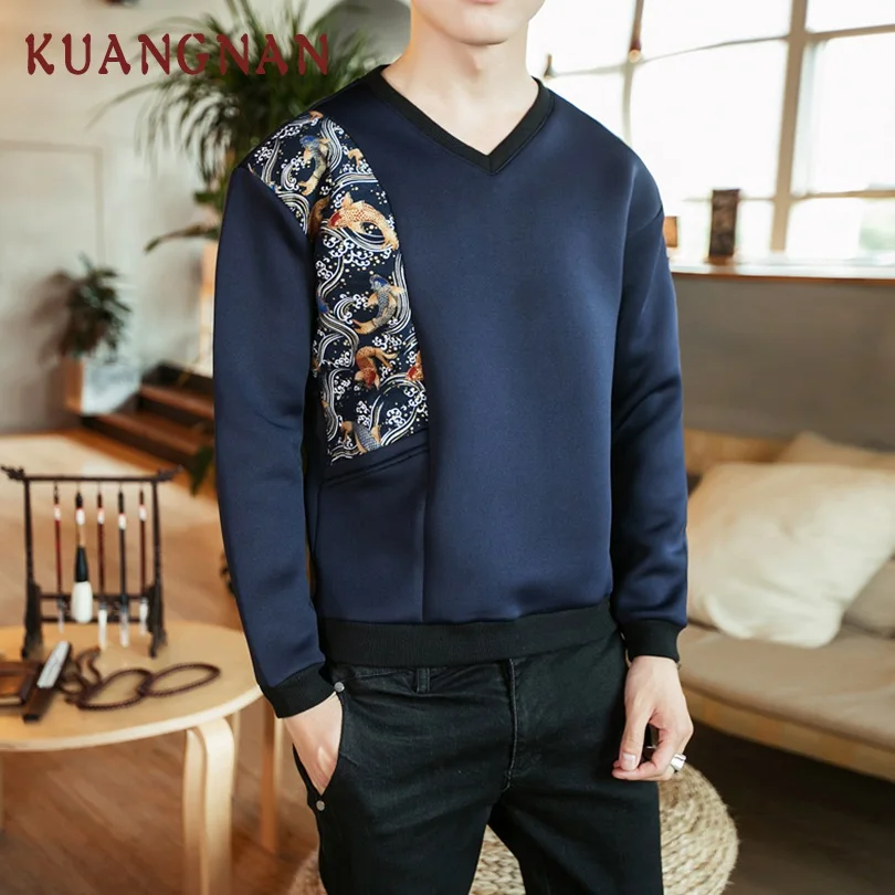 KUANGNAN Chinese Style Patchwork Sweatshirts Men Fashions Black Sweatshirts Men Streetwear Pullover Men's Sweatshirt Male 2018