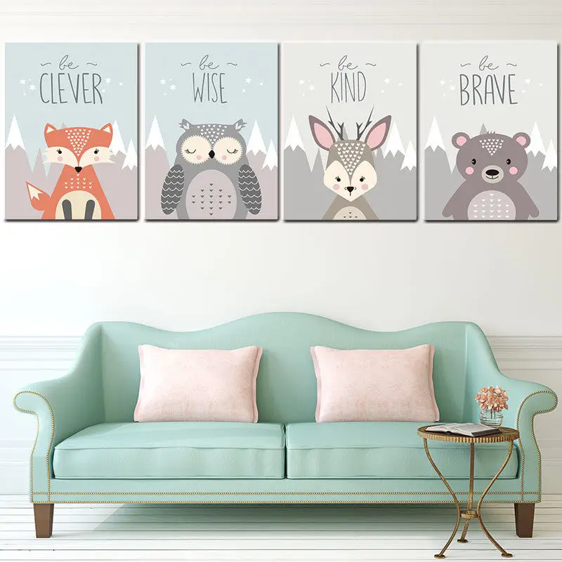 

RuoGuan Modern animal Cartoon Canvas Painting Spray Color Art Poster Kids Baby Nursery Room Scandinavian home decor SH-862