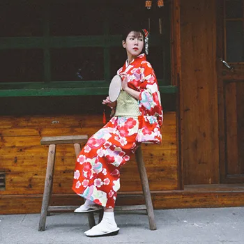 

Red Printed Japanese Female Kimono Lounge Yukata Vintage Girl Dress Gown Elegant Dance Performance Clothes Cosplay Costume