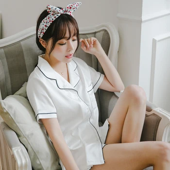 

Silk Pajama Sets Women Plus Size Summer 2019 Fashion Women Pajamas Turn-down Collar Sleepwear 2 Two Piece Set Shirt+Shorts White