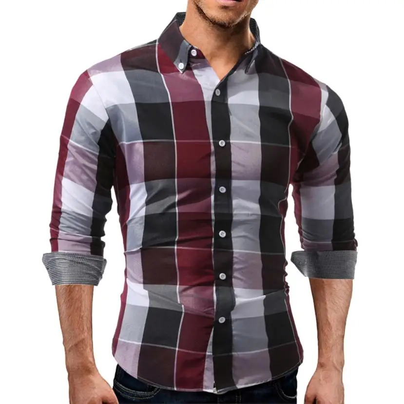 

Men's Autumn Daily Tartan Long Sleeved Pullover Fastener Sweatshirts Top Blouse Long Sleeve Shirt Men Plaid Cotton Casual shirts