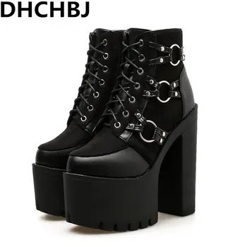 

Women Gothic Boots Lace Up Boots Patchwork Platform Punk Shoes Ultra Very High Heel Bootie Block Chunky Heel