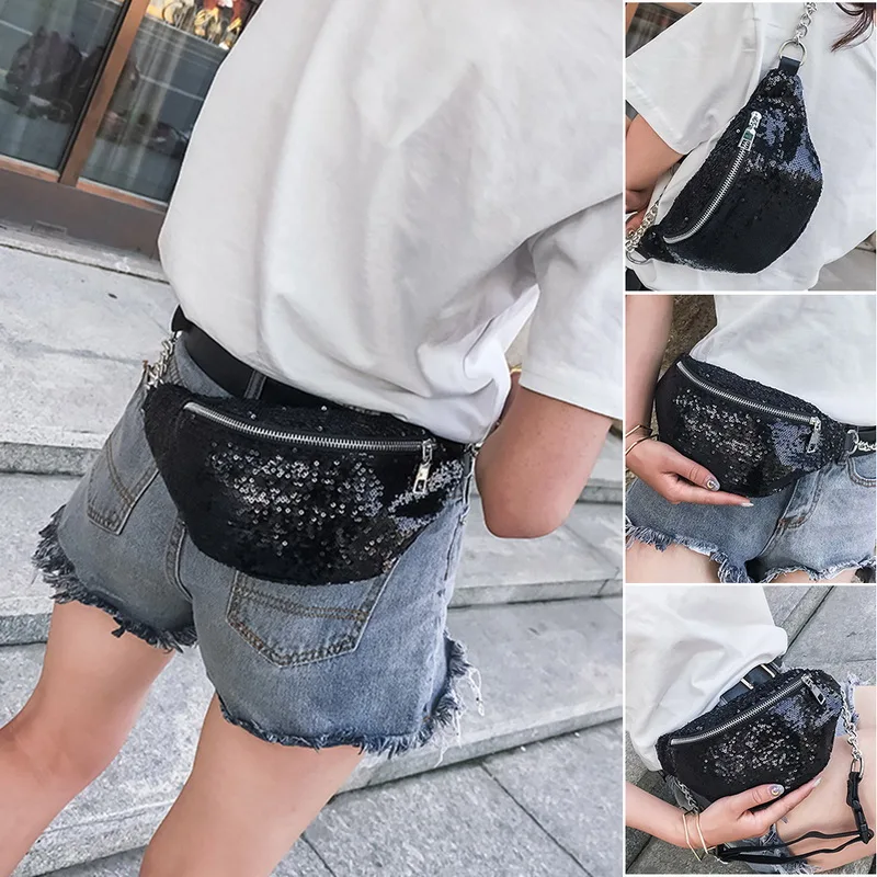 

2018 New fashion waterproof belt waist pailette glisten handsome oblique satchel chain bags travel wallet adjustable waist packs