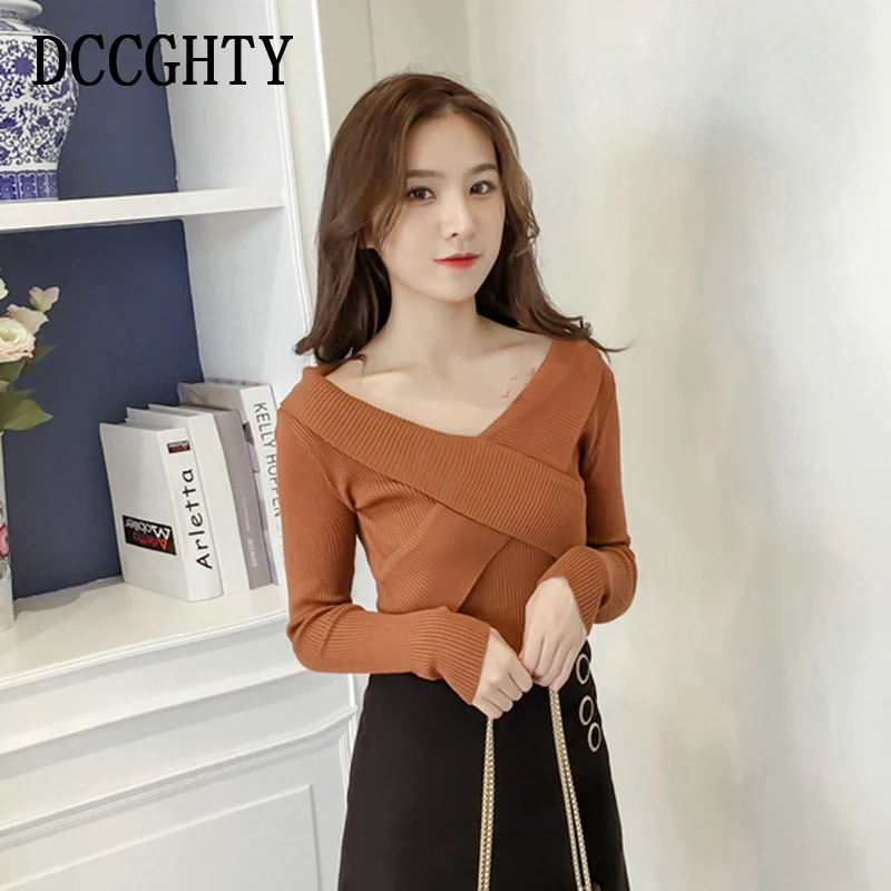 

Sweater Fashion 2018 Women Sexy Cross V-neck Long Sleeve High Elastic Knitted Women Sweater Nightclub Girls Tops Solid Pullover