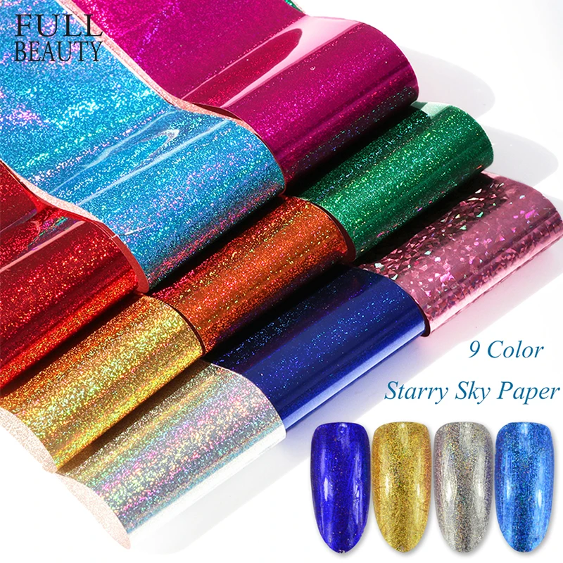 

9pcs Holo Holographic Nail Foils for Manicure Transfer Sticker Decals DIY Glue Slider Nail Art Laser Starry Sky Paper Sets CH373
