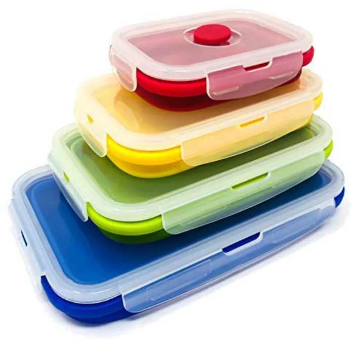 

4 PCS of Silicone Portable Lunchbox Colorful Folding Food Container Microwavable Tableware Ovenproof Lunch Box for Kids