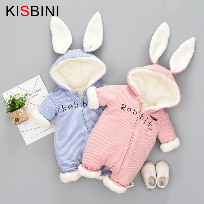 

KISBINI 3M-12M Winter Baby Girl Rompers Cute Bunny Fleece Velvet Infant Clothing Warm New Born Boy newborn Clothes Snow Jumpsuit
