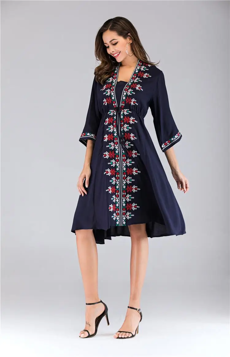 Женское этническое платье с вышивкой в стиле хиппи, летнее богемное винтажное хиппи короткое платье, украинское платье-рубашка Vyshyvanka, модное платье с 3/4 рукавами - Цвет: Тёмно-синий