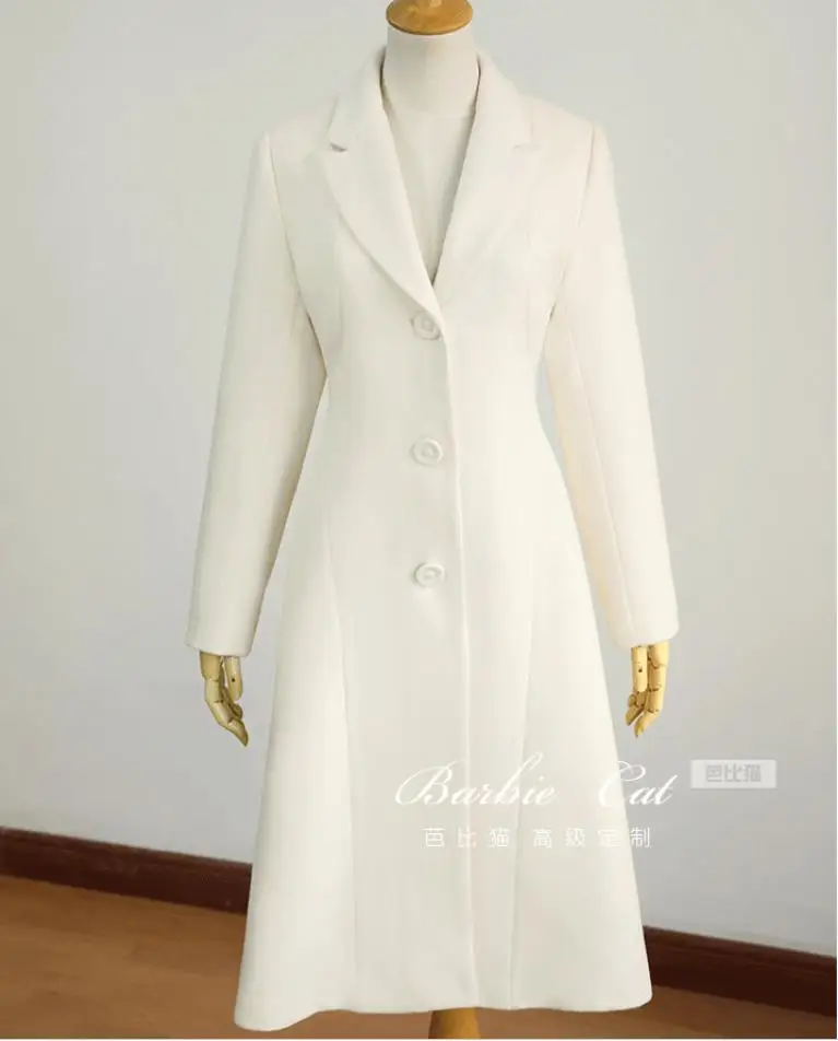 woolen coats high quality Long winter coat women White Coat slim single breasted wool blends coat - Цвет: white