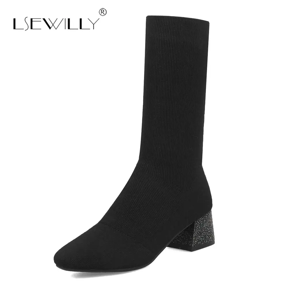 Goedkoop Lsewilly mode nieuwe komen vrouwen laarzen vierkante teen slip op dames half laarzen zwart abrikoos sexy PU leer mid kalf laarzen S744