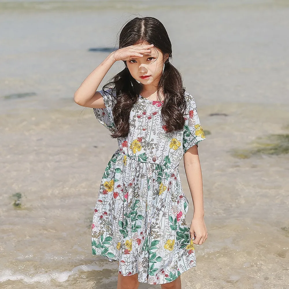 

Floral Kids Girls Summer Dresses 2018 Beach Princess Print Cotton O-neck Knee Length Children Dress Beautiful Holiday Clothing