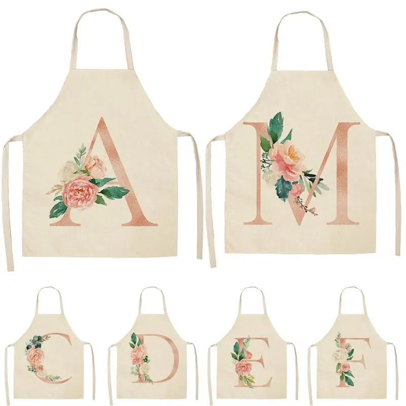 

1Pcs Pink Letter Flower Kitchen Aprons for Women Cotton Linen Bibs Household Cleaning Pinafore Home Cooking Apron 53*65cm Q0005