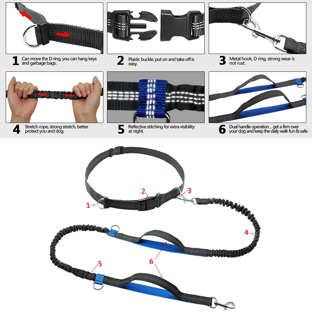 Нейлоновый Поводок для собак в форме банджи с двумя регулируемыми ручками, поводок для домашних животных с бесплатной сумкой для мусора, для бега, прогулок, бега