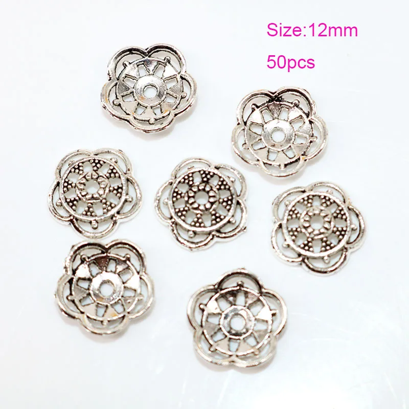 

50pcs/lot Zinc Alloy Flower Petal Metal Bead Caps Metal Vintage Silver Plated Beads Charms Jewelry Findings 12mm Beads End Caps