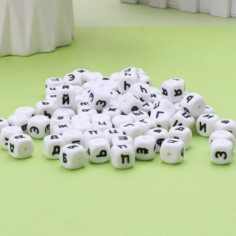 

5pcs/lot Teething Necklace Pacifier Chain Baby Teether Russian Letter Beads Food Grade 12MM Silicone Chewing Alphabet Beads