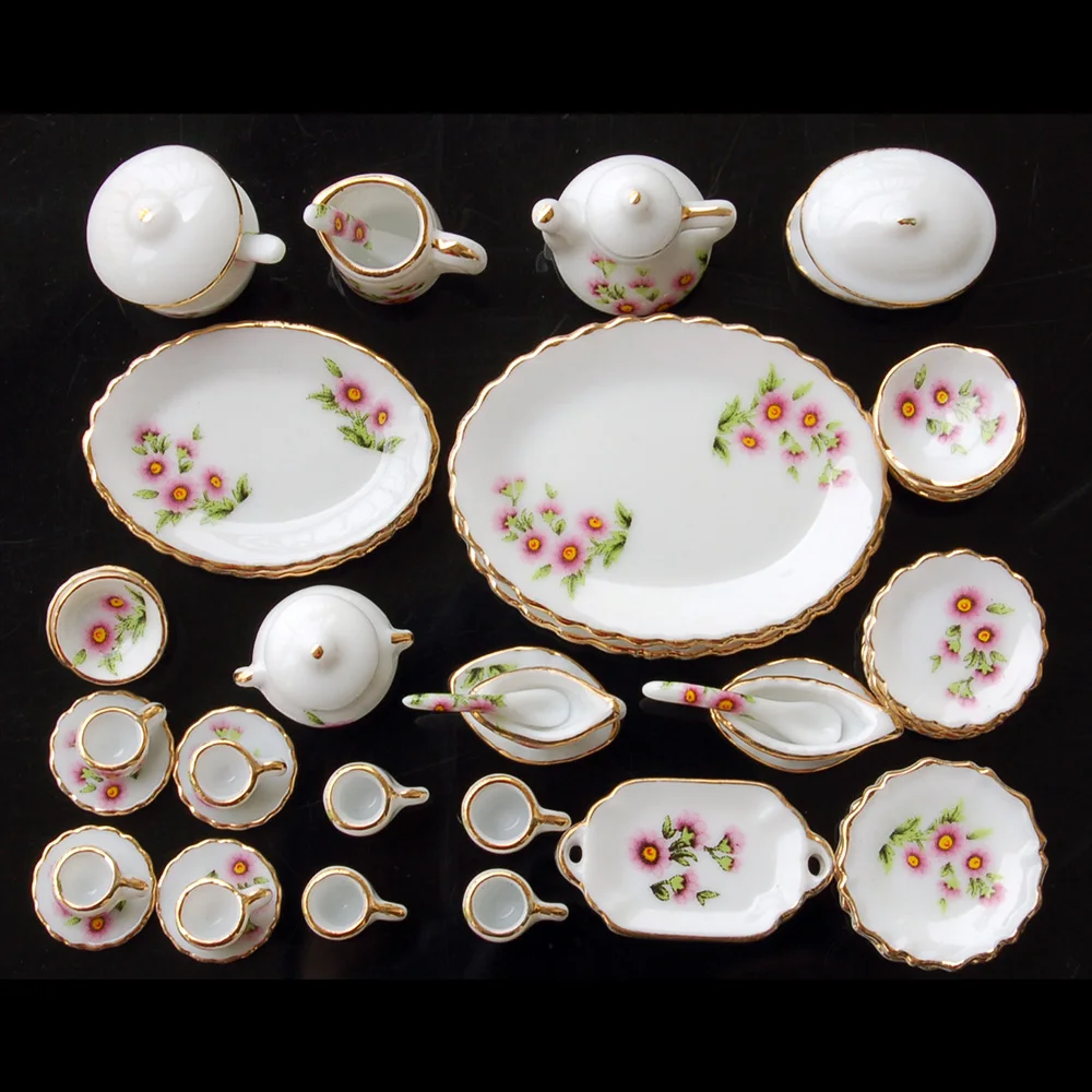 

1/12 Dollhouse Miniature Dining Ware Porcelain Tea Set Dish Cup Plate 50pcs