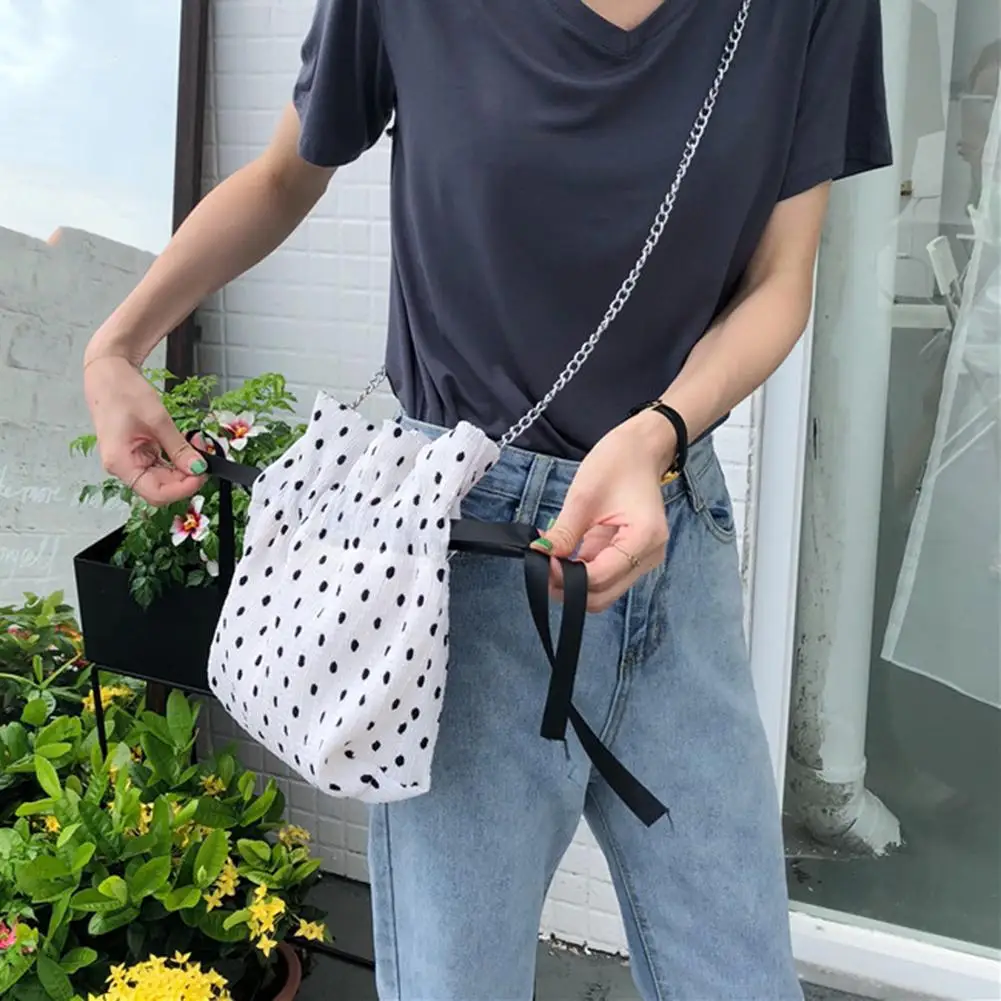 

Vintage Polka Dot Print Drawstring Women Crossbody Shoulder Bag with Chain Strap