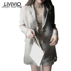 [LIVIVIO] украшение из жемчуга длинный рукав с бисером однобортный прозрачный тюль зубчатый блейзер с воротником Женское пальто Офисная Леди
