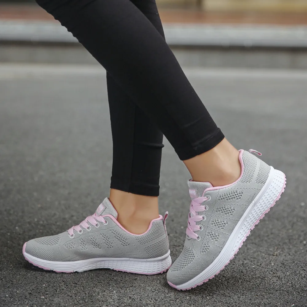 Sneakers Women Sport Shoes Lace-Up Beginner Rubber Fashion Mesh Round Cross Straps Flat Sneakers Running Shoes Casual Shoes