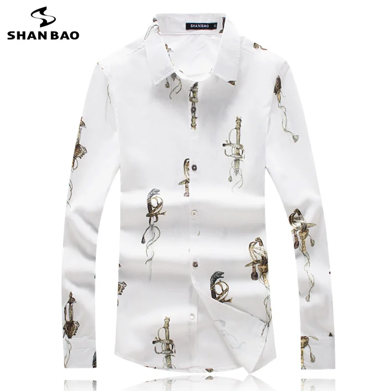 

SHANBAO personality fashion knife pattern printing luxury high quality men's slim long-sleeved shirt 2019 spring white shirt