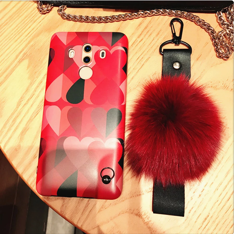 

case For huawei P20 pro mate 10 pro nova 3 honor 10 case cover fashion love heart painted with fur strap soft silicon phone bag
