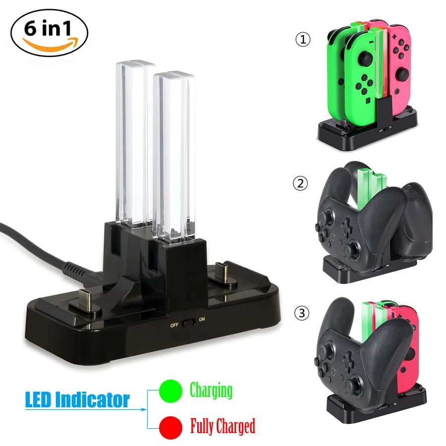 Nintend Switch Joy-Con & Dual Pro Controller USB Charging Dock, 6 in 1 Joy-Con Pro Controller Charger Station with LED Indicator Nintend Switch Joy-Con & Dual Pro Controller USB Charging Dock, 6 in 1 Joy-Con Pro Controller Charger Station with LED Indicator