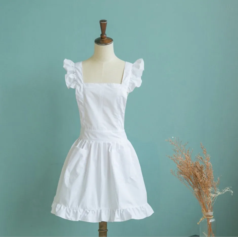MagiDeal Victorian Style Japanese Style Elegant Victorian Pinafore Apron Maid Lace Smock Costume Ruffle Cute Pockets White
