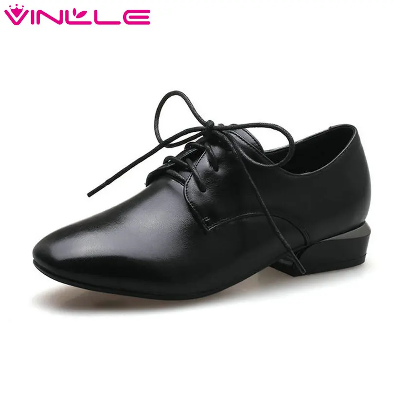 

VINLLE 2018 Summer Shoes Women PU Leather Square Low Heel Pointed Toe Lace Up Platform Ladies Wedding Pumps Size 34-43