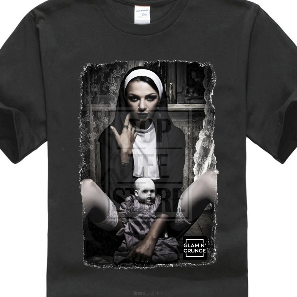 

Base Shirt Sexy belle Nun Nonne Satan Satanic Church Of Lavey Baphomet Summer Short Sleeves Cotton Fashion 044