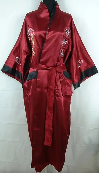 Горячая новинка Бургундский черный китайский мужской шелковый атлас двустороннее платье банный халат с вышивкой двухлицо пижамы Один размер ZR31 - Цвет: burgundy black