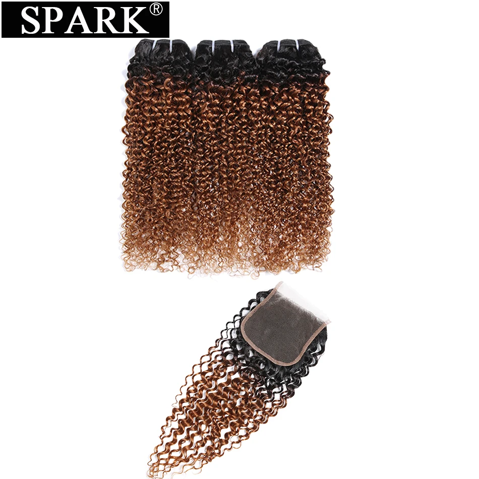 

Spark Ombre Brazilian Kinky Curly Hair With Closure in 3/4 Bundles with Closure Remy Hair Extension Ombre Human Hair Ombre Curly