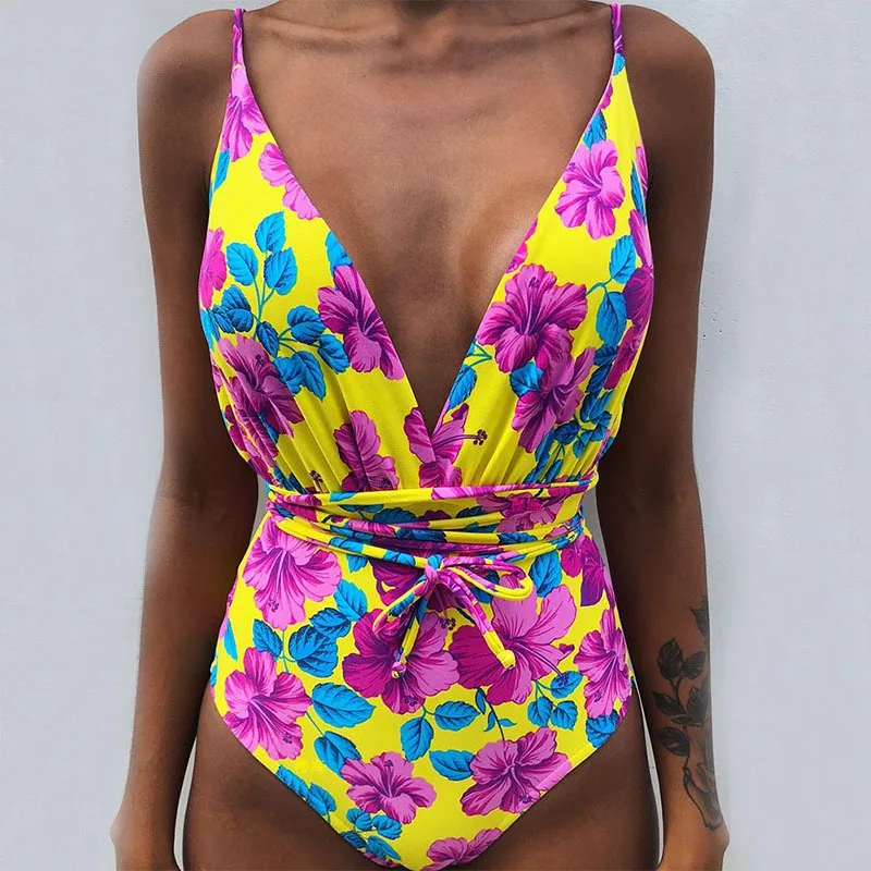 Sexy One Piece Swimsuit Female Deep V Backless Brazilian Monokini Swimwear Women Bathing Suit Swimming sunflower swimsuit - Цвет: purple yellow